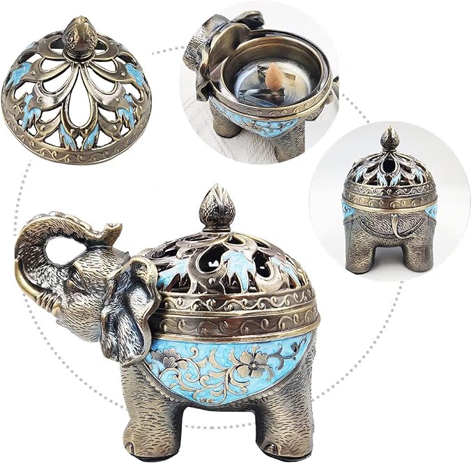 Hourwof Metal Elephant Incense Holder,Vintage Cone Coil Incense Burner with Lid,Ash Catcher,Aromatherapy Ornament Home Office Decor (Light Blue)