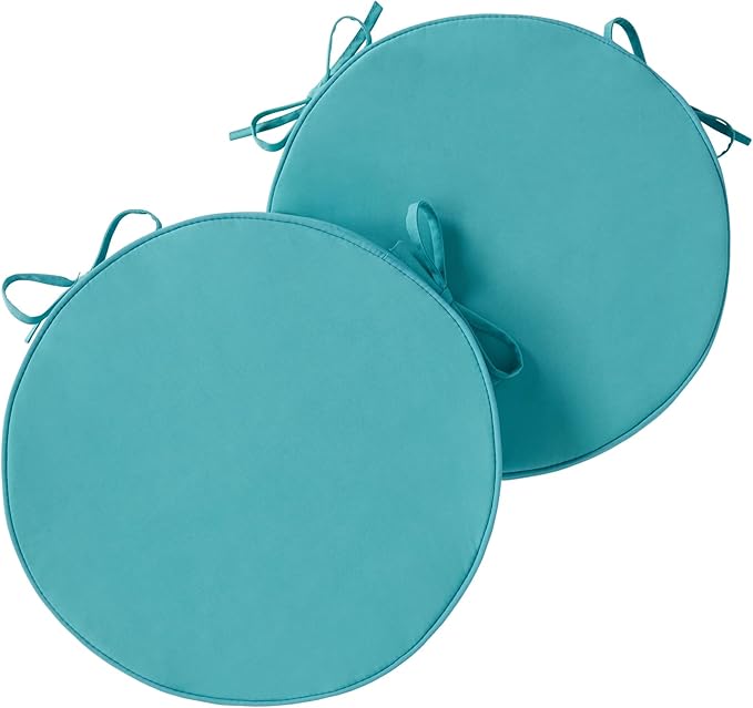 Set of 2 Outdoor 18 inch Round Patio Dining Chair Pads – Comfortable Fiber-Filled Seat Cushions with Ties, Reversible Polyester Fabric - Teal