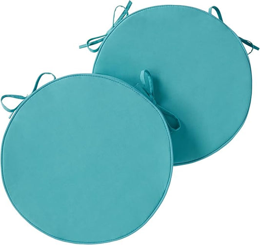 Set of 2 Outdoor 18 inch Round Patio Dining Chair Pads – Comfortable Fiber-Filled Seat Cushions with Ties, Reversible Polyester Fabric - Teal