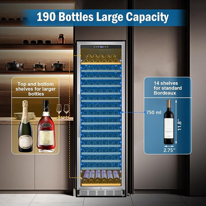 24" 190-Bottle Freestanding Wine Cooler, Low Noise with Sliding Shelves | Professional, Reversible door, Built-in/freestanding, Digital temp, Energy efficient, Tall design, Home or commercial use
