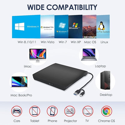 External CD/DVD Drive for Laptop, Type-C CD/DVD Player USB 3.0 Portable Burner Writer Reader Compatible with Mac MacBook Pro/Air iMac Desktop Windows 7/8/10/XP/Vista (Black)