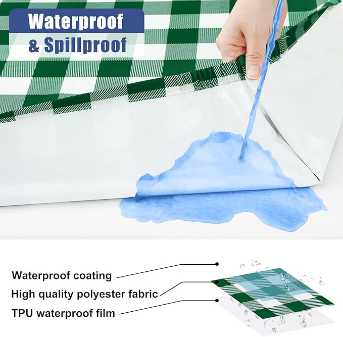 Smiry 8FT Picnic Table Cover with Bench Covers, Elastic Fitted Tablecloth | Waterproof Washable Rectangle Tablecloths ,Buffalo Plaid Tablecloth for Dining, Camping (Hunter Green & White, 30" x 96")