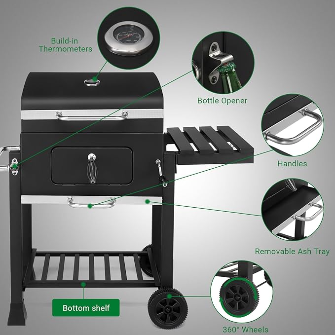 Charcoal Grill Barbecue Grills with Thermometer, Foldable Side Table and Wheels, Heavy-duty BBQ Grill for Garden Party Picnic Hiking Backyard Cooking, Easy to Assemble, Asadores de Carbon (Black)