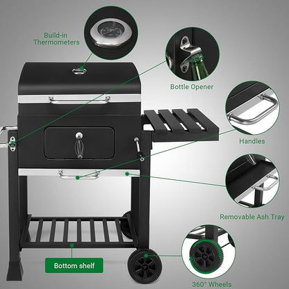 Charcoal Grill Barbecue Grills with Thermometer, Foldable Side Table and Wheels, Heavy-duty BBQ Grill for Garden Party Picnic Hiking Backyard Cooking, Easy to Assemble, Asadores de Carbon (Black)