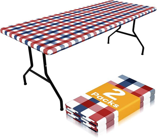 Smiry Picnic Table Cloth 2 Pack, Waterproof Elastic Fitted Tablecloths for 8FT Rectangle Tables, Washable Polyester Buffalo Plaid Tablecloth for Camping & Outdoor (Red & Blue, 30" x 96")