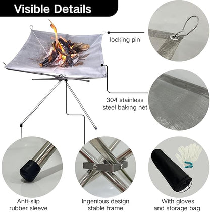 BeGrit Portable Fire Pit for Camping, 22" Wood Burning Fire Pits for Outdoor, 304 Stainless Steel Mesh Firepit for BBQ, Bonfire, Backyard, Garden, Patio (with Carrying Bag & Gloves)