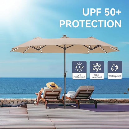 GREEN PARTY 13ft Outdoor Patio Umbrella with Solar Lights, 120 LED 12-Mode Large Double Sided Rectangular Table Umbrella, Heavy Duty Triple-Head Shade for Backyard Deck & Poolside, Beige (No Base)