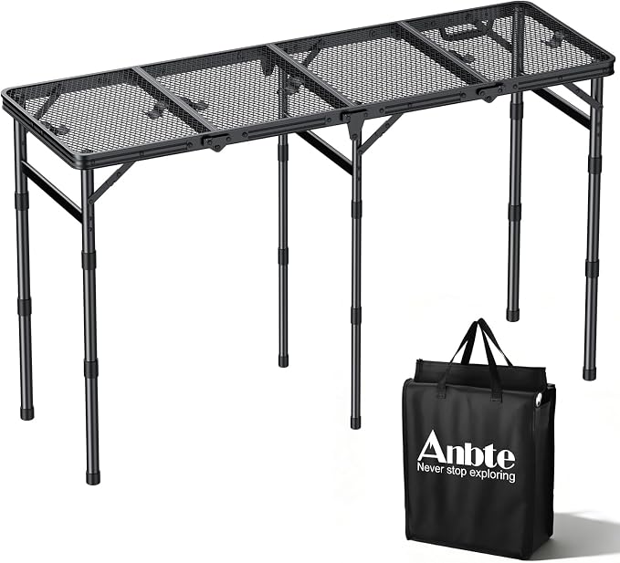 Anbte 4-Fold Grill Table, 3 Adjustable Height Max 27.5", 46" X 16", Black | Aluminum, Heat-Resistant Mesh Tabletop, Portable Handle, Waterproof Grill Side Table , for Outdoor Cooking Patio BBQ Picnic