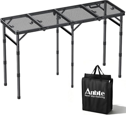 Anbte 4-Fold Grill Table, 3 Adjustable Height Max 27.5", 46" X 16", Black | Aluminum, Heat-Resistant Mesh Tabletop, Portable Handle, Waterproof Grill Side Table , for Outdoor Cooking Patio BBQ Picnic