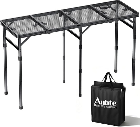 Anbte 4-Fold Grill Table, 3 Adjustable Height Max 27.5", 46" X 16", Black | Aluminum, Heat-Resistant Mesh Tabletop, Portable Handle, Waterproof Grill Side Table , for Outdoor Cooking Patio BBQ Picnic