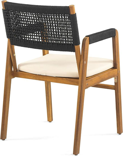 Christopher Knight Home Set of 2 Terry Farmhouse Country Patio Acacia Wood Dining Armchairs, Outdoor Side Chair with Rope Woven Backrest,Garden/Backyard Accent Chair with Cushions,Black+Natural Brown
