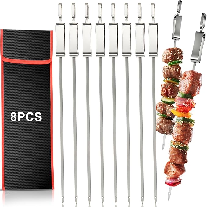 16.5" Metal Skewers for Grilling, Stainless Steel Flat Kabob Skewers | Reusable BBQ Skewers for Kebab Barbecue Grill with Push Bar, Heavy Duty Skewer Sticks for Outdoor Camping Kitchen Cooking