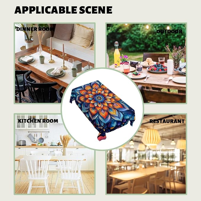 Mandala Decorative Rectangle Table Cloth Colorful Fantasy Mysterious Flower Rectangle Table Cover Anti-Oil Tablecloth for Dining Tables, Parties, Wedding and Banquet Decoration 52 x 70 Inch 4-6 Seats