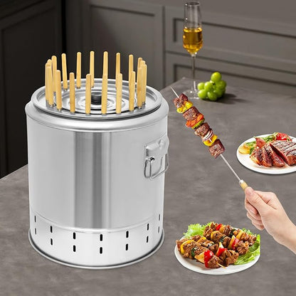 Smokeless Charcoal Hanging Grill, Stainless Steel Kebob Grill with 20 Skewers Barbecue Barrel Portable Smokeless Barbecue Barrel BBQ Charcoal Grill for Picnics, Camping, Parties
