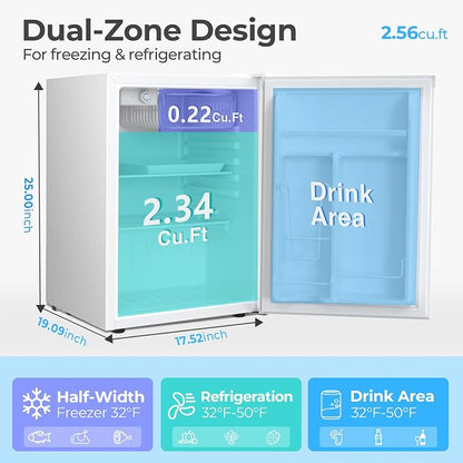 Antarctic Star 2.56 Cu.Ft. Mini Fridge with Freezer, Small Refrigerators with Adjustable Thermostat, Low Noise, Energy Saving, Compact Refrigerators for College Dorm, Office, Bedroom, Apartment, White