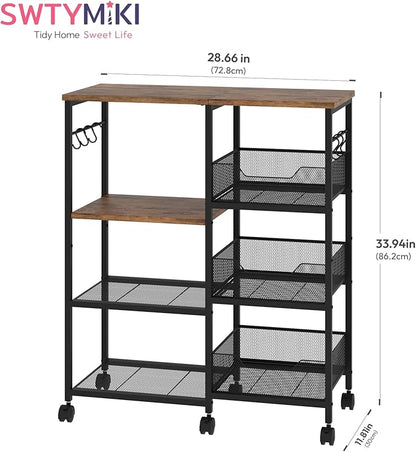 SWTYMIKI Kitchen Island Cart on Wheels - 4 Tier Rolling Kitchen Table Cart with Storage Shelves, 6 Removable Hooks& Locking Casters, Coffee Bar Cabinet for Dining Room Pantry Office, Espresso