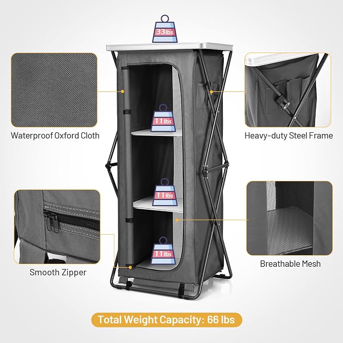 Giantex Folding Camping Storage Cabinet with 3 Shelves and Carry Bag, Portable Outdoor Organizer Kitchen Table, Quick Set-up for BBQ, Picnic, Backyard, Compact Pop-Up Cupboard, 55''H