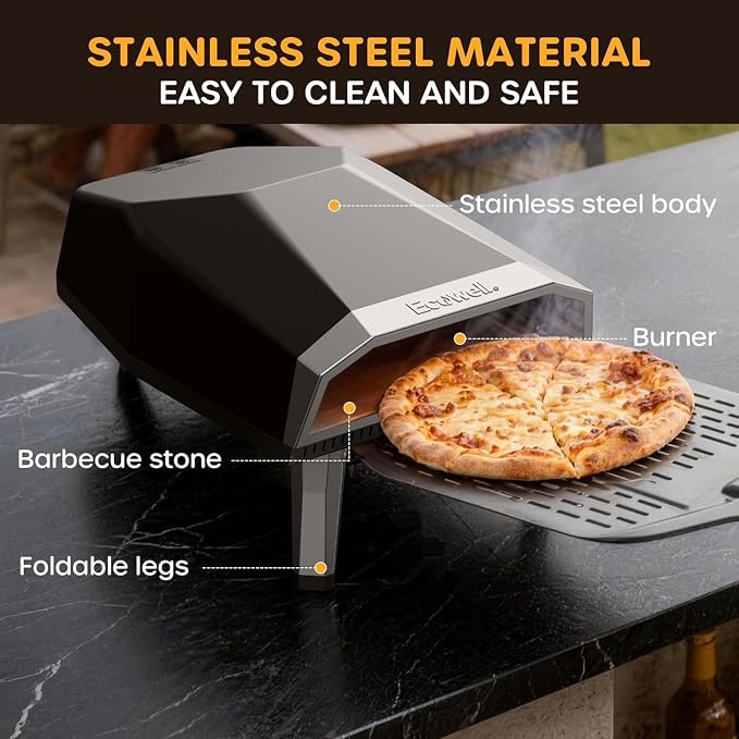 ECOWELL 12" Outdoor Gas Pizza Oven Propane, Cooks 12 Inch Pizzas in 80 Secs | Portable Pizza Oven with Gas Hose & Regulator, Pizza Stone, Peel, Cutter, Infrared Thermometer, Propane Grill Reaches 930°F