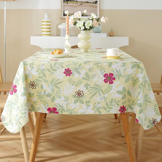 Summer Vinyl Tablecloth with Flannel Backing Rectangle 60 x 102 Inch | Spring Eucalyptus Leaves Waterproof & Non Slip Table Cloth, Plastic Table Cover for Dining, Party, Picnic, Outdoor