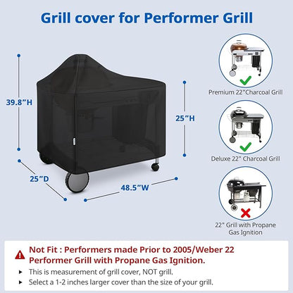 SunPatio Outdoor Waterproof Grill Cover Compatible for Weber 22 Inch Performer Premium Deluxe, RecTeq, Char-Griller Grills, Compared to Weber 7152, Heavy Duty Weather Resistant Charcoal BBQ Cover