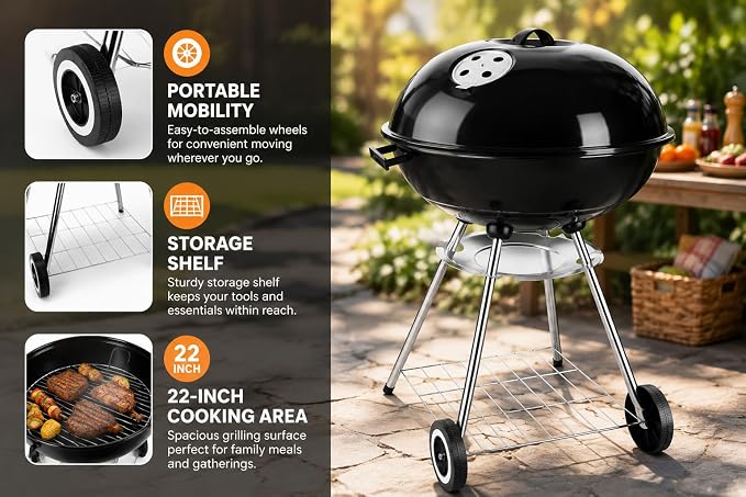 22-Inch Black Kettle Charcoal BBQ Grill: Built-in Ash Collector for Easy Cleaning, Great for Outdoor Cooking, Heavy-Duty for Backyard & Camping
