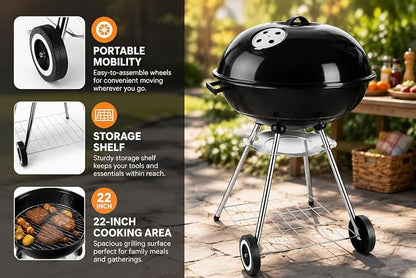 22-Inch Black Kettle Charcoal BBQ Grill: Built-in Ash Collector for Easy Cleaning, Great for Outdoor Cooking, Heavy-Duty for Backyard & Camping