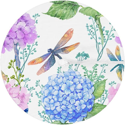 Fitted Round Tablecloth with Umbrella Hole and Zipper Flowers Hydrangeas Outdoor Elastic Table Cloth 36"-44" Oil-Proof Waterproof Dragonflies Patio Table Cover for Picnic Party