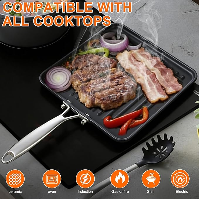 11 Inch Square Cast Iron Grill Pan, Pre‑Seasoned Ridged Skillet with Stainless Steel Handle, Even Heating Griddle for Burger Steak, Indoor Outdoor Stovetop BBQ Compatible