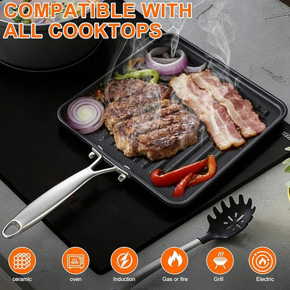11 Inch Square Cast Iron Grill Pan, Pre‑Seasoned Ridged Skillet with Stainless Steel Handle, Even Heating Griddle for Burger Steak, Indoor Outdoor Stovetop BBQ Compatible