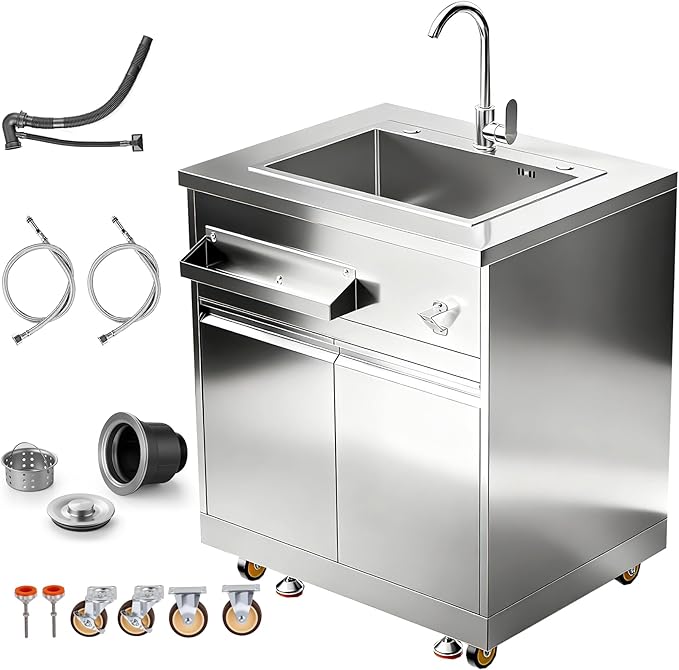 BODEGA Stainless Steel Outdoor Kitchen Sink Cabinet, Outdoor Sink With Hose Hook Up,Single Bowl Kitchen Sinks With Brake Wheels & Spice Rac, All-Weather Use, Mobile Prep Station for BBQ, Camping, RV.
