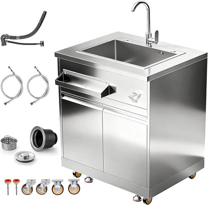 BODEGA Stainless Steel Outdoor Kitchen Sink Cabinet, Outdoor Sink With Hose Hook Up,Single Bowl Kitchen Sinks With Brake Wheels & Spice Rac, All-Weather Use, Mobile Prep Station for BBQ, Camping, RV.