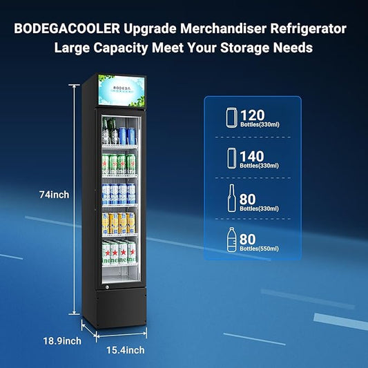 BODEGACOOLER Commercial Merchandiser Refrigerator, 5.7 Cu.Ft Single Swing Glass Door Beverage Cooler, Upright Display Refrigerator with Soft LED Light, Adjustable Shelves, Black