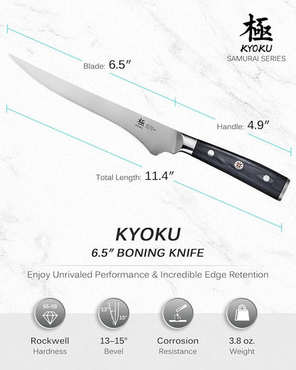 KYOKU 6.5" Boning Knife for Meat Cutting, Samurai Series Filet Knife with Pakkawood Handle, Japanese Style High Carbon Steel, Full Tang Kitchen Knife for Lamb Chop Pork Shoulder with Sheath and Case