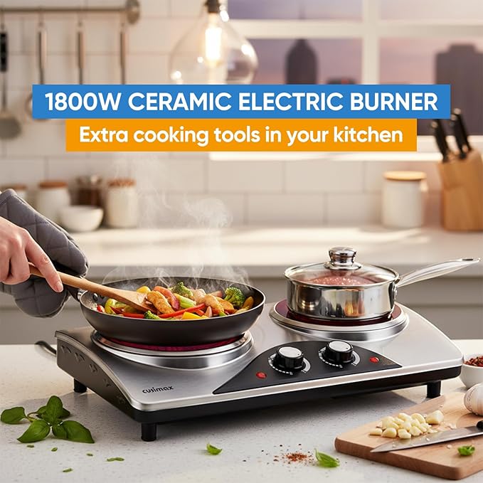 Hot Plate, CUSIMAX Electric Double Burner, Portable Ceramic Infrared Cooktop, Dual Control Cooking Stove, Heat-Up in Seconds, Compatible for All Cookwares, Silver