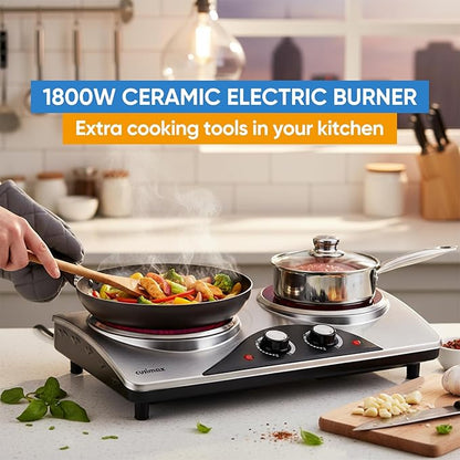 Hot Plate, CUSIMAX Electric Double Burner, Portable Ceramic Infrared Cooktop, Dual Control Cooking Stove, Heat-Up in Seconds, Compatible for All Cookwares, Silver