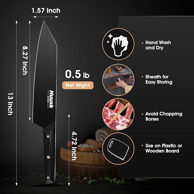 Huusk Chef Knife, Black Kitchen Knives with Sheath, Japanese Knives with Ergonomic Handle, Sharp Cooking Knife, Gifts for Men and Women