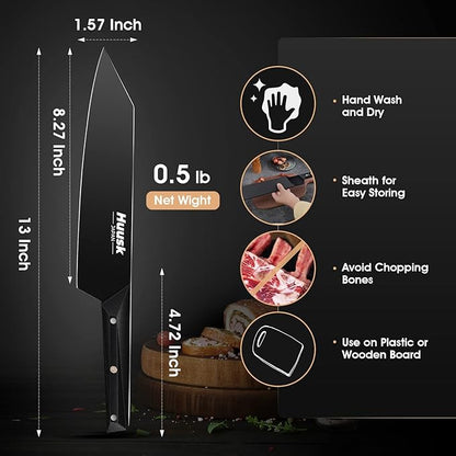 Huusk Chef Knife, Black Kitchen Knives with Sheath, Japanese Knives with Ergonomic Handle, Sharp Cooking Knife, Gifts for Men and Women