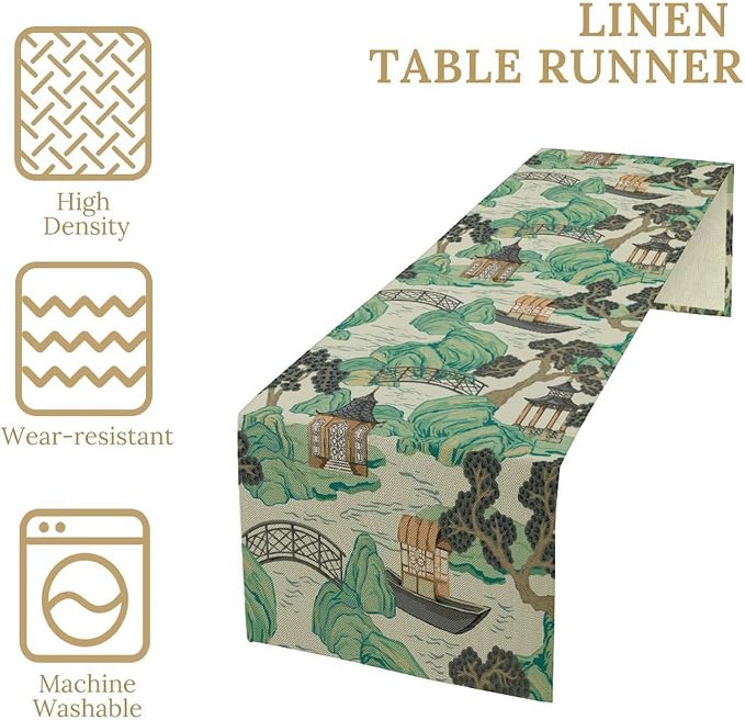 Chinese Landscape Table Runner Oriental Vintage Chinoiserie Grey Blue Mountains Pagoda Boat Pine Trees Dinner Runner for Wedding Party Holiday Kitchen Dining Home Decor 13x120in