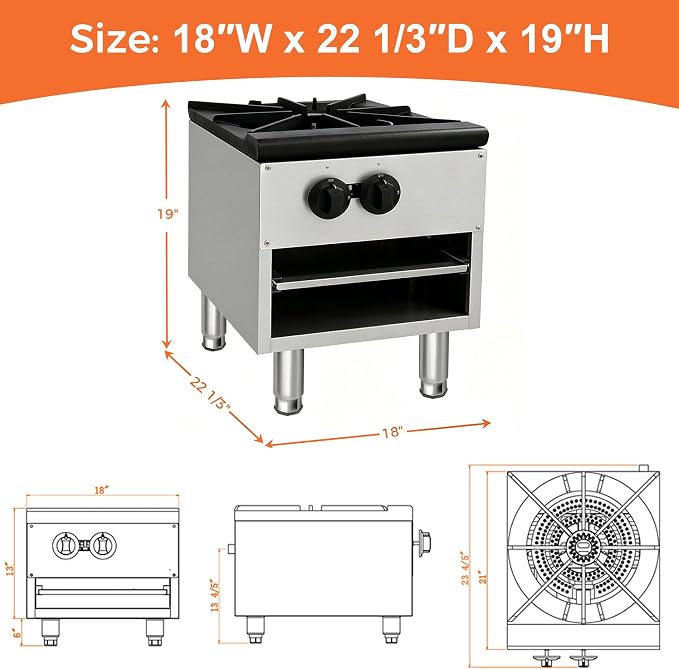 Commercial Gas Stock Pot Cooker,Countertop Burner with 80000 BTU Heating Power,NG LPG Compatible,Stainless Steel Body,Removable Waste Tray,Adjustable Legs,ETL Listed Appliance (Silver,1 Burner)