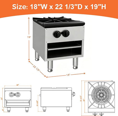 Stock Pot Countertop Burner,NG LP Commercial Range with 80000BTU Heating Output,430 Stainless Steel Housing,Slide-Out Waste Tray,Adjustable Legs for Restaurant Catering Kitchen Use (Silver,1 Burner)