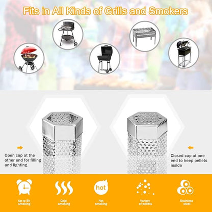 Pellet Smoker Tube, 2 Pack 12'' Stainless Steel BBQ Wood Pellet Tube Smoker, for Cold/Hot Smoking