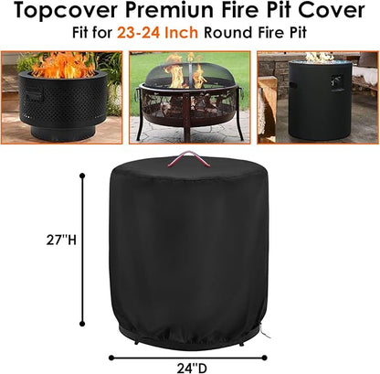 Round Fire Pit Cover,24 Inch 600D Waterproof Outdoor Propane Fire Column Cover For 23 Inch Cylinder Firepit, Patio Fireplace Cover - 24"D x 27"H