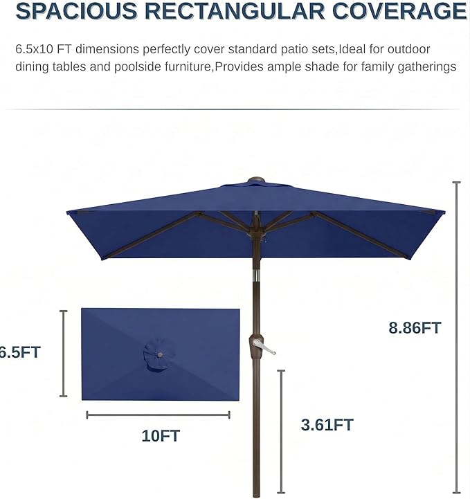6.5x10FT Patio Umbrella, Outdoor Umbrella with Push Button Tilt and Crank, 8 Sturdy Ribs, UV Protection & Waterproof Market Umbrella for Pool, Backyard, Beach,Deck (Navy)