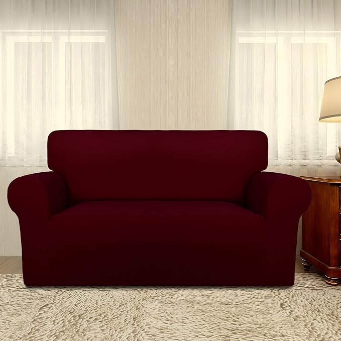 PureFit Stretch Loveseat Covers Fleece Couch Covers for Sofa Wine | 1-Piece Sofa Slipcover Soft Couch Protector, Sofa Cover Washable with Non Skid Foam and Elastic Bottom for Kids, Dogs