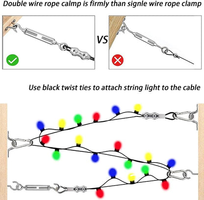 164FT Outdoor String Light Hanging Kit - Heavy Duty Black Vinyl-Coated Stainless Steel Wire Rope with Turnbuckles, Hooks & Eye Straps for Patio, Garden, Backyard, Party Decor
