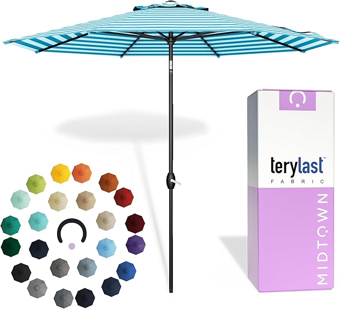 Midtown Umbrellas - 10-Year-No-Fade 8 Ft Patio Umbrella with Terylast Fabric, Auto-Tilt Aluminum Frame and 8 Reinforced Ribs for Deck, Pool, Garden & Beach - Blue/White Stripes Canopy, Black Pole