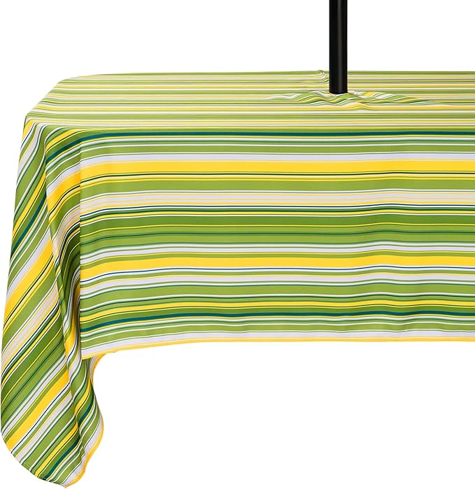 Poise3EHome Rectangle Outdoor Tablecloth with Umbrella Hole and Zipper,Green Stripe 70x52 Inch,Polyester SpillProof Washable Table Cloth for Spring Summer Patio Garden Poolside Picnic Camping BBQS