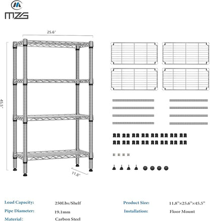 M MZG 1000 lbs 4 Tier Shelf Metal Storage Shelves Wire Rack Closet Organizers for Garage Kitchen Bathroom Laundry Chrome 11.8" D x 25.6" W x 45.5" H