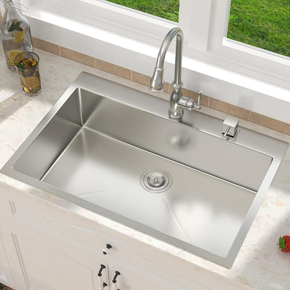 33 Inch Drop in Kitchen Sink-33x19 Drop in Kitchen Sink 18 Gague Topmount Stainless Steel Single Bowl Handmade Sinks Large Deep Basin 33"x19"x9"