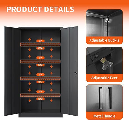 72'' Garage Storage Cabinet, Lockable Storage Cabinet with Adjustable Shelves, Steel Tool Cabinets for Home, Office, Garage, Require Assembly, Black